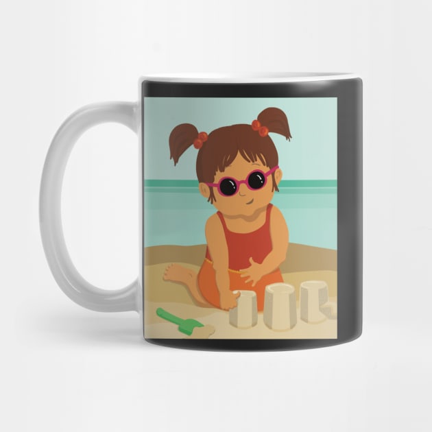 Cute little summer girl is on vacation building a sand castle on the beach by marina63